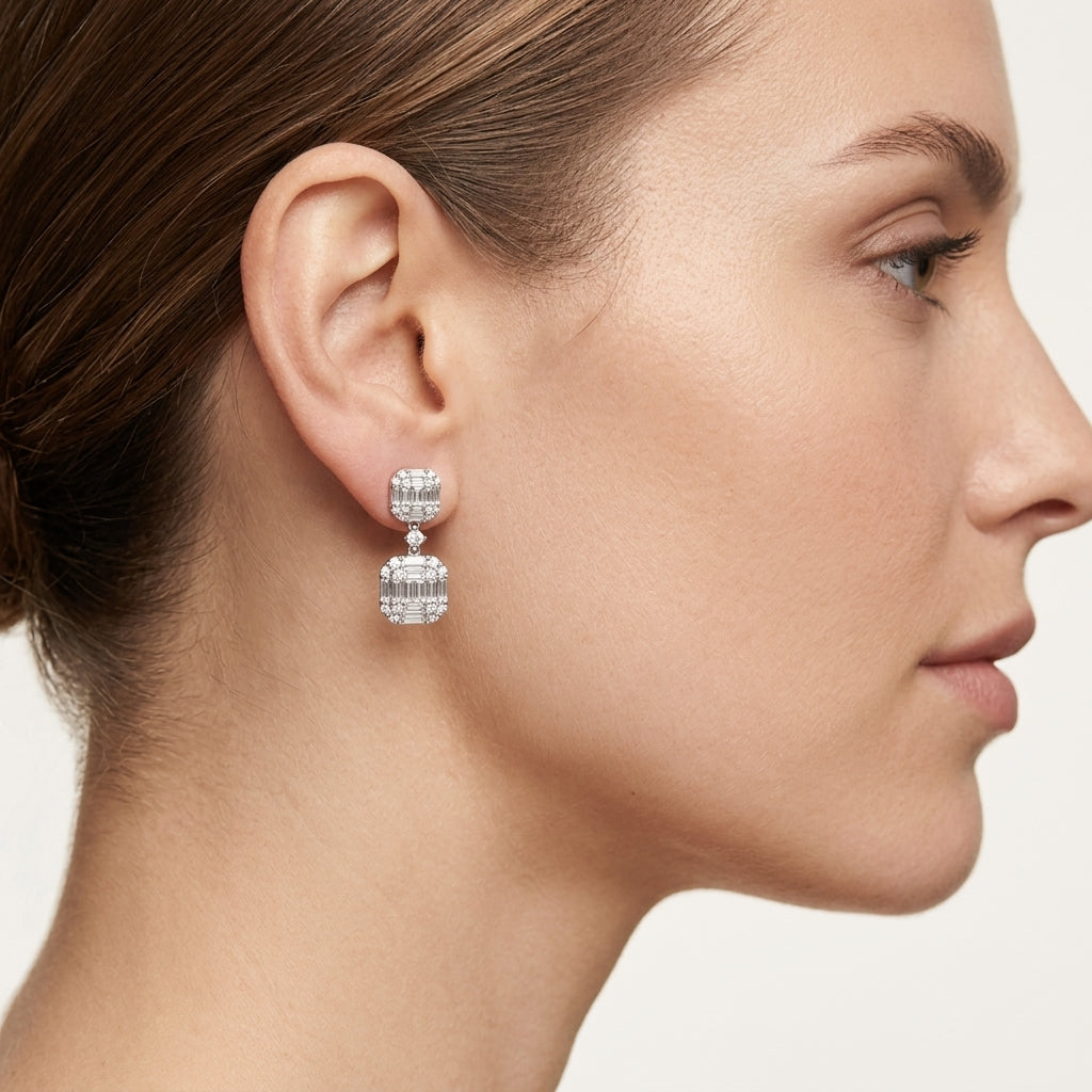 Emerald Cut Diamond Cluster Drop Earrings worn by model - Vicenza Miami