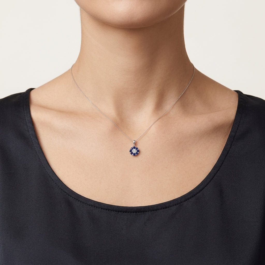 Radiant Blue Sapphire & Diamond Pendant worn by model - Vicenza Miami