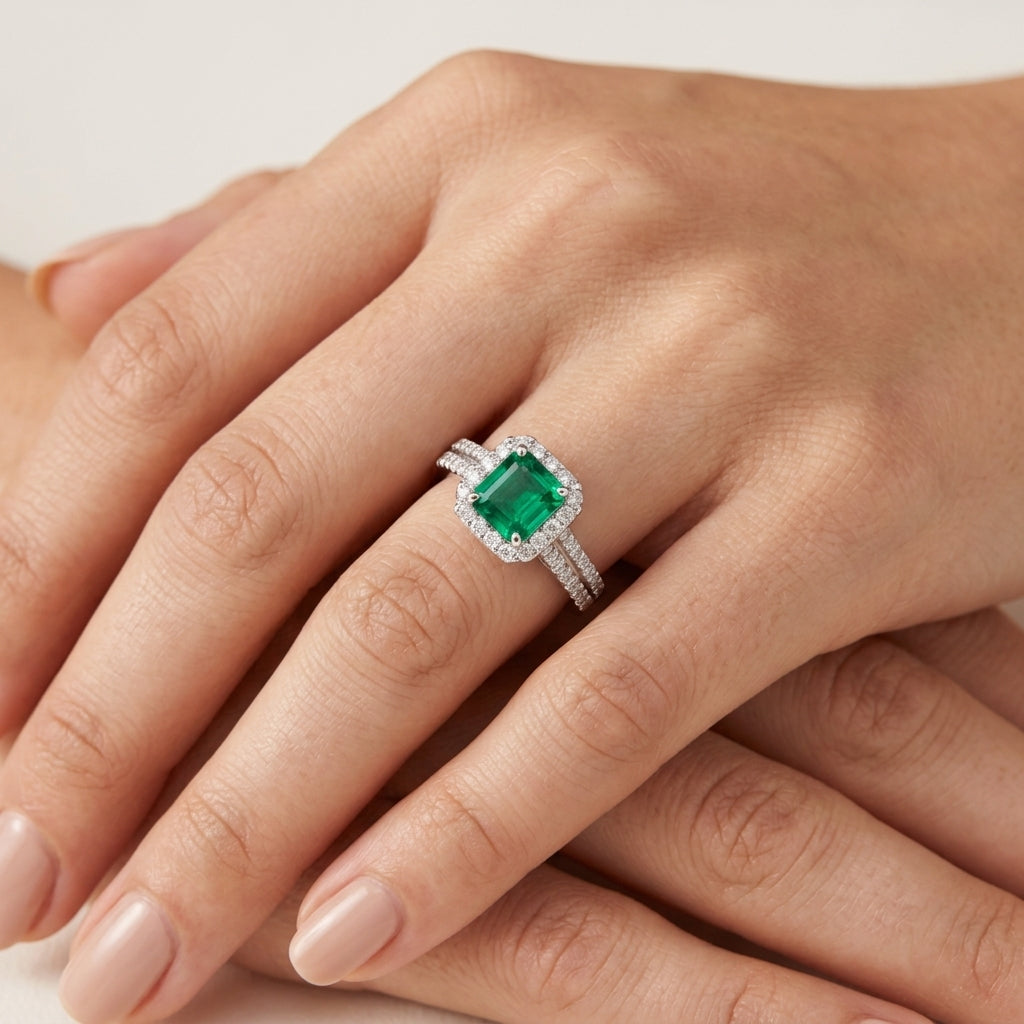 Stately Emerald Ring worn by model - Vicenza Miami