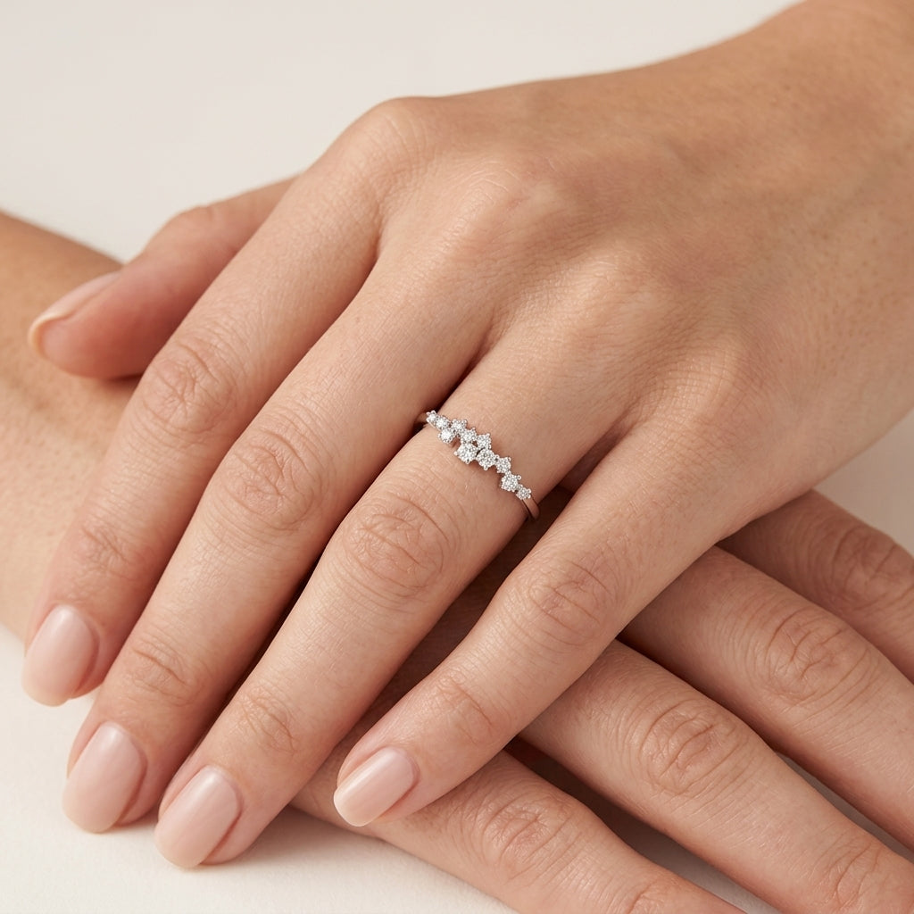 Petite Diamond & Blue Sapphire Ring worn by model - Vicenza Miami