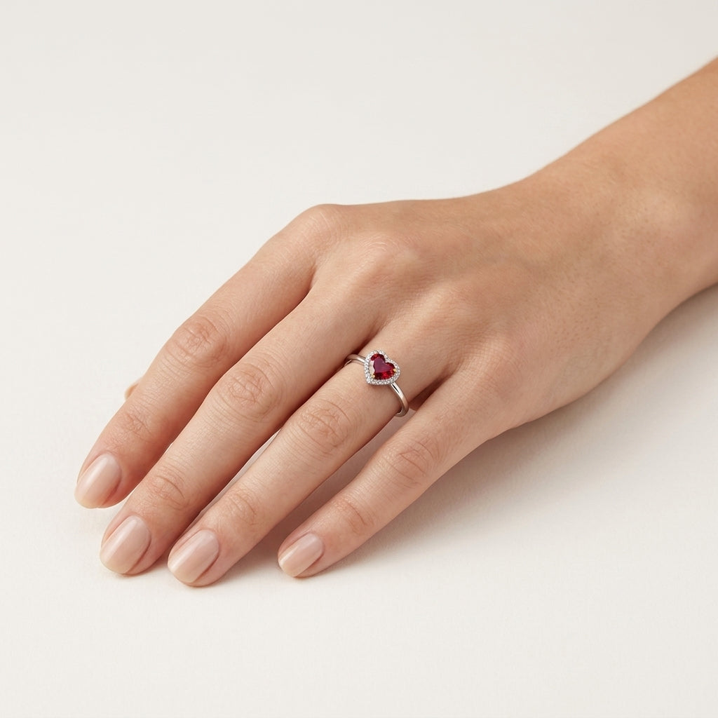 Dainty Diamond Ring Gold Ruby worn by model - Vicenza Miami