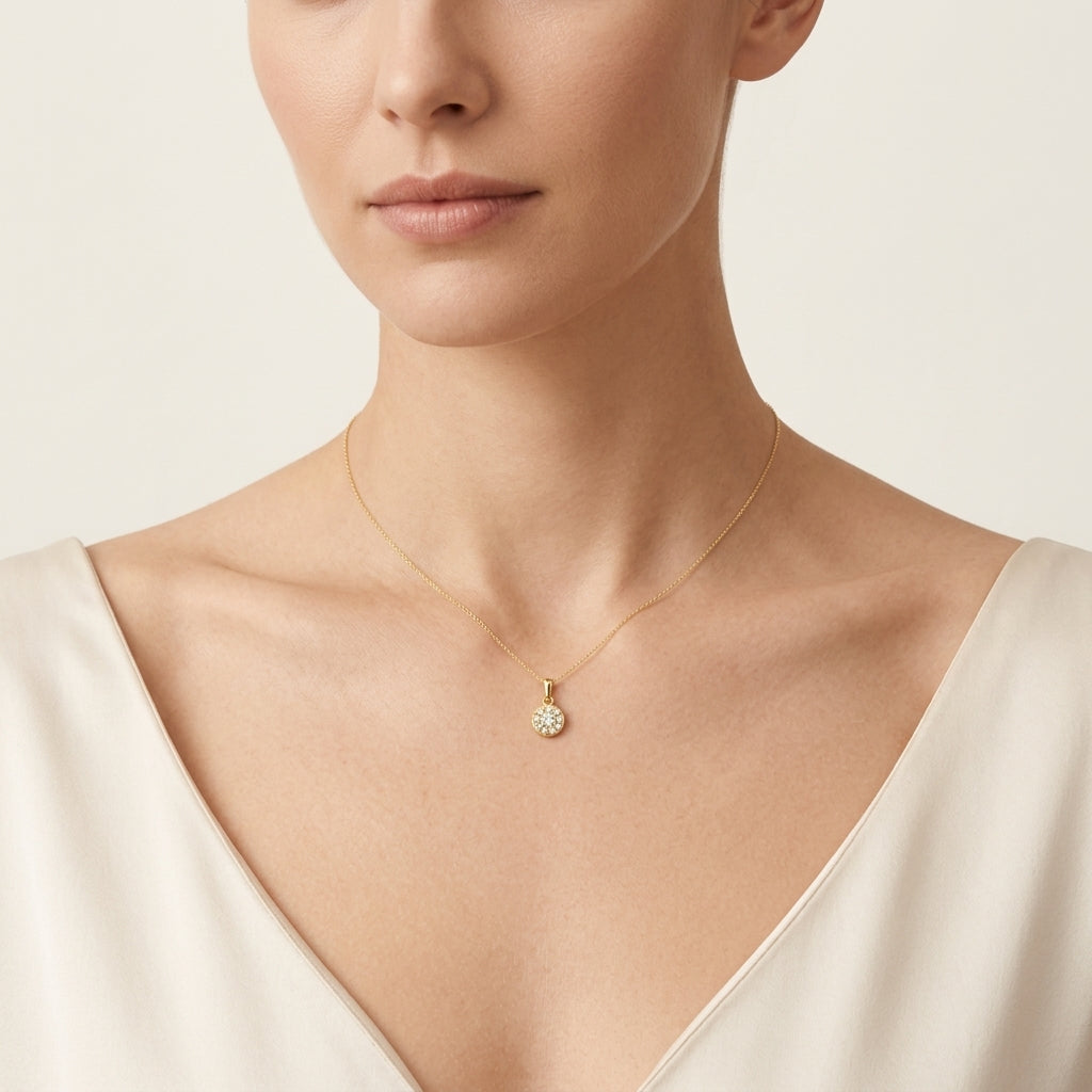 Aura Diamond Pendant Yellow Gold Diamond worn by model - Vicenza Miami