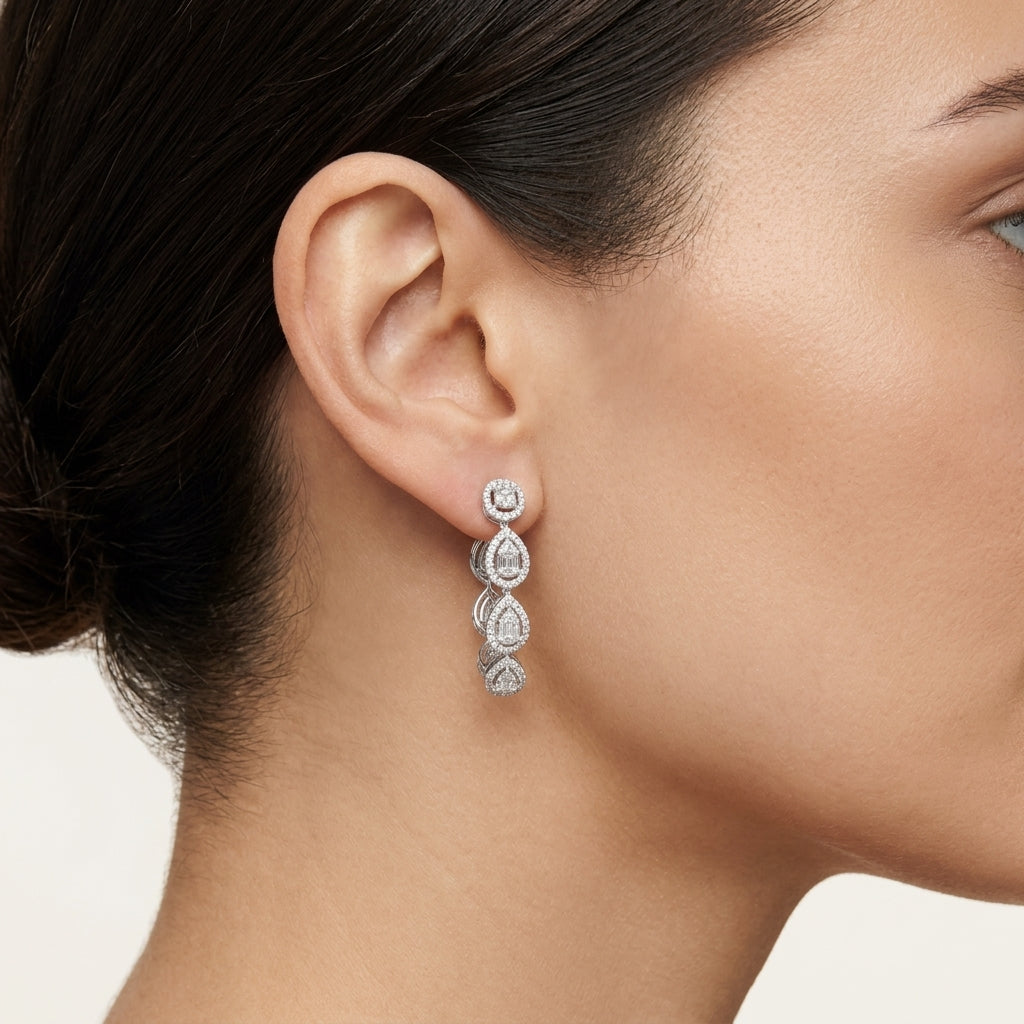 Baguette Diamond Pear Halo Drop Earrings worn by model - Vicenza Miami
