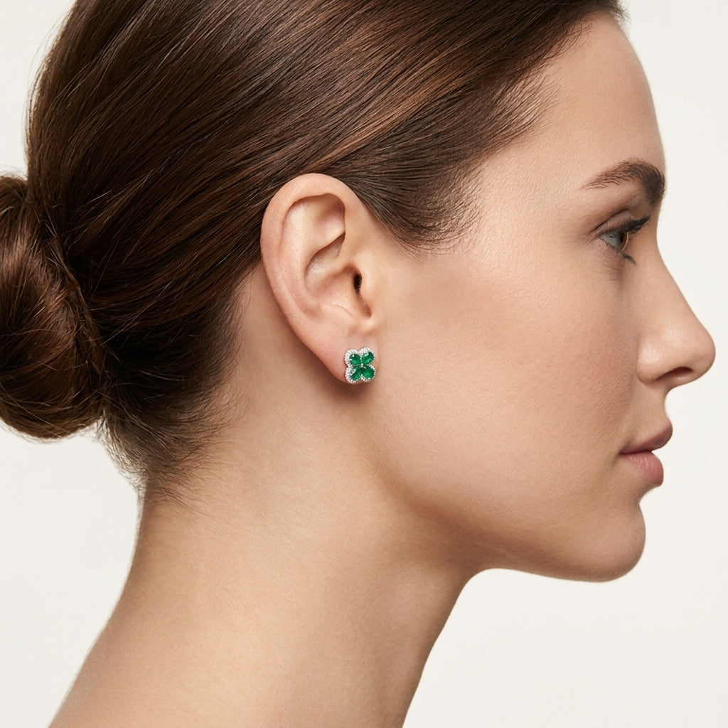 Exquisite Diamond & Emerald Earring worn by model - Vicenza Miami