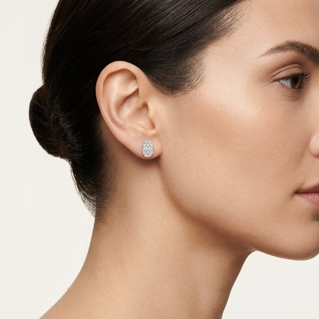 Classic Earring White Gold Diamond worn by model - Vicenza Miami