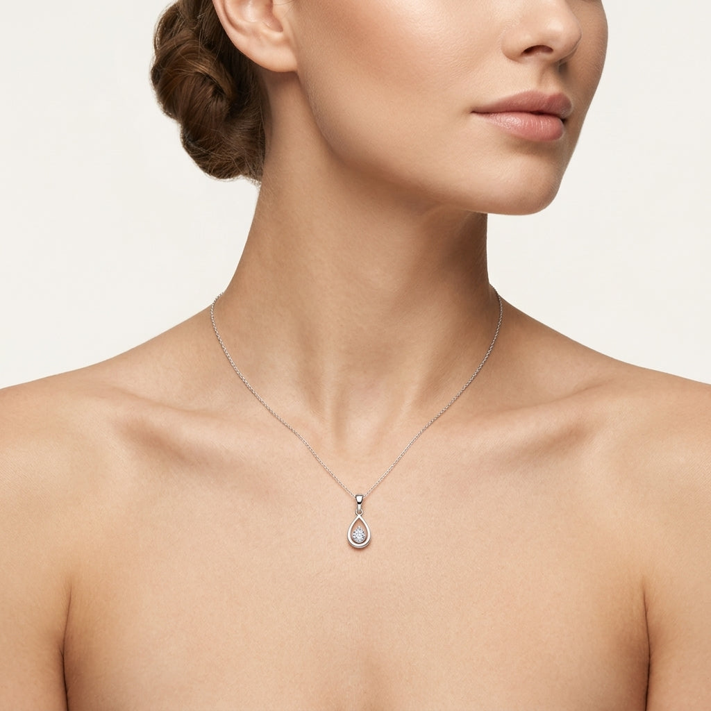 Enchanted Diamond Pendant White Gold Diamond worn by model - Vicenza Miami