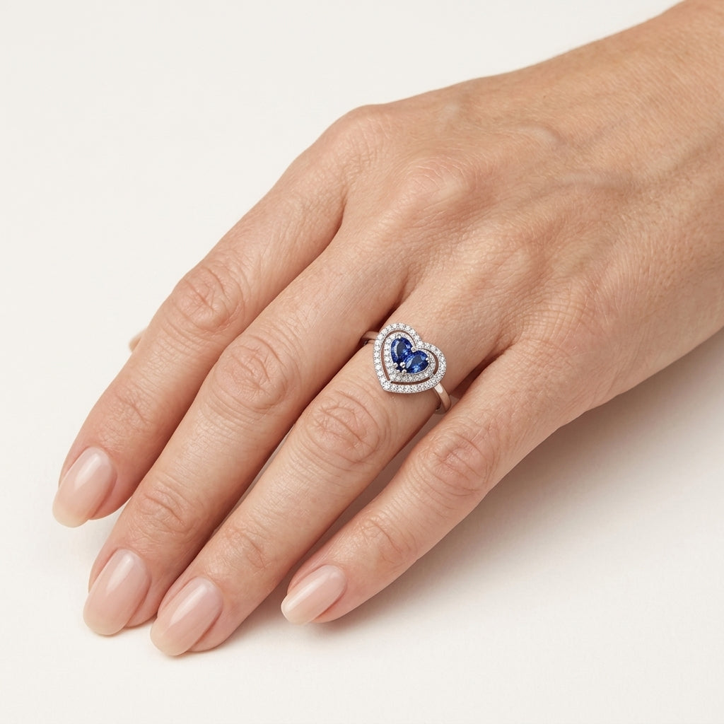 Royal Blue Sapphire & Diamond Ring worn by model - Vicenza Miami