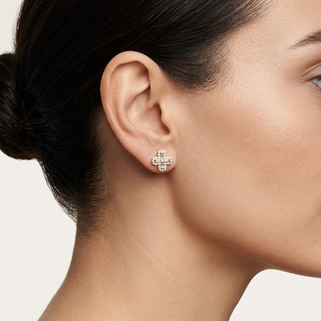 Diamond Clover Stud Earrings worn by model - Vicenza Miami