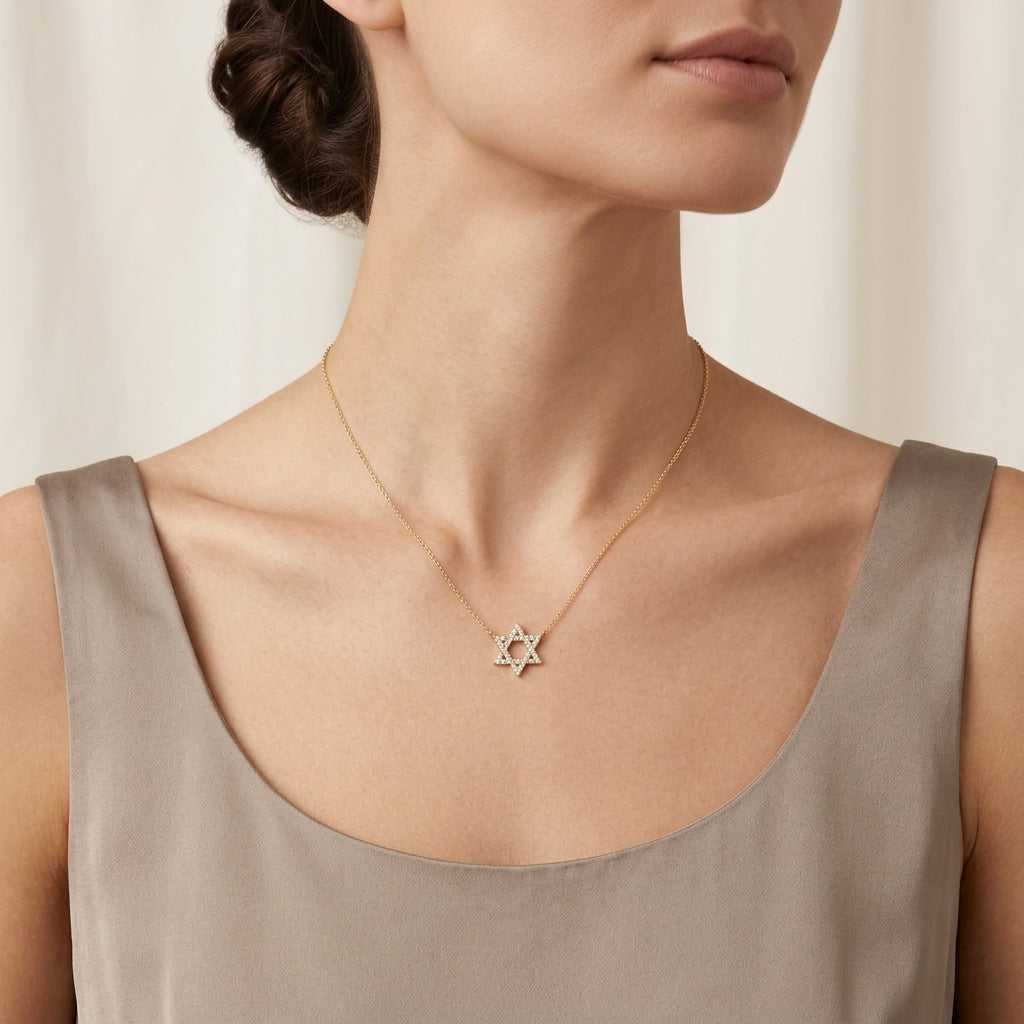 Elegant Star of David Pave Diamond Necklace worn by model - Vicenza Miami