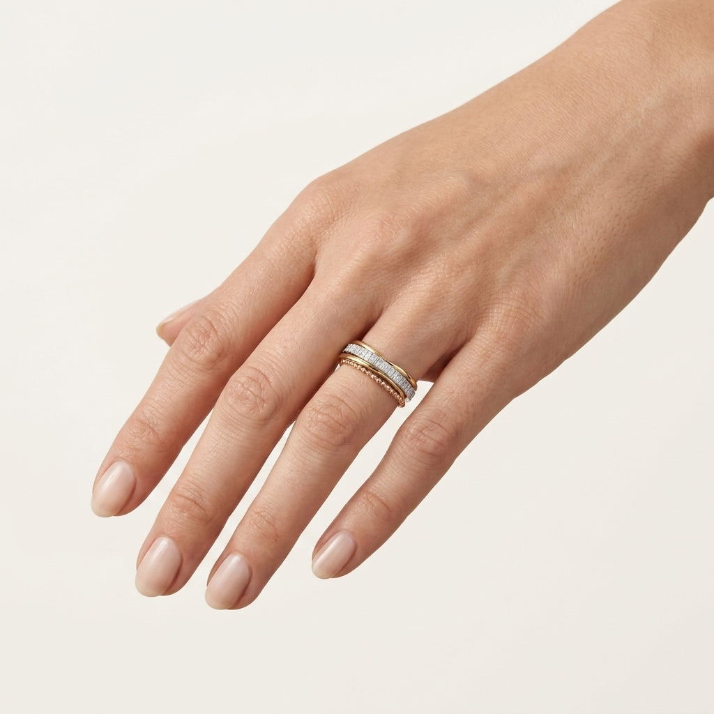 Baguette Diamond Channel Set Stacking Ring Set worn by model - Vicenza Miami