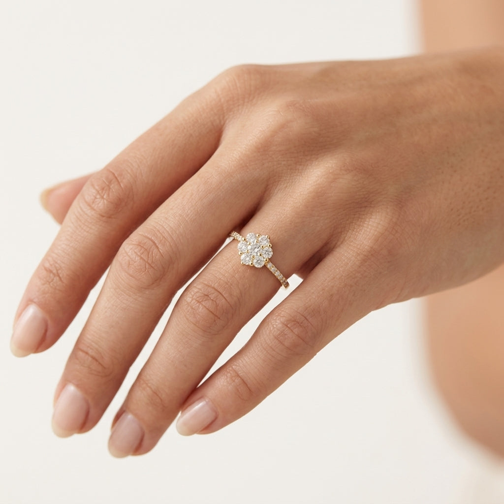 Sovereign Diamond Ring Yellow Gold Diamond worn by model - Vicenza Miami