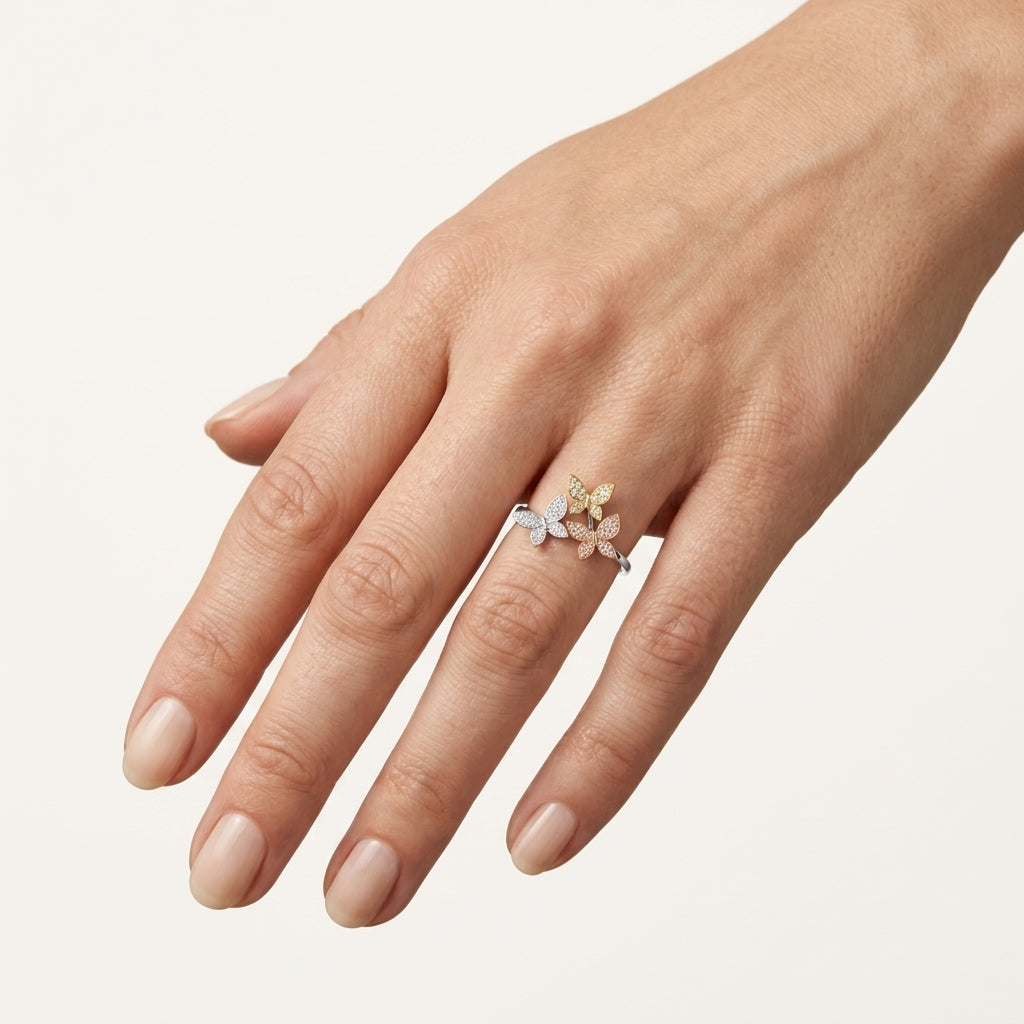 Lustrous Butterfly Diamond Ring worn by model - Vicenza Miami