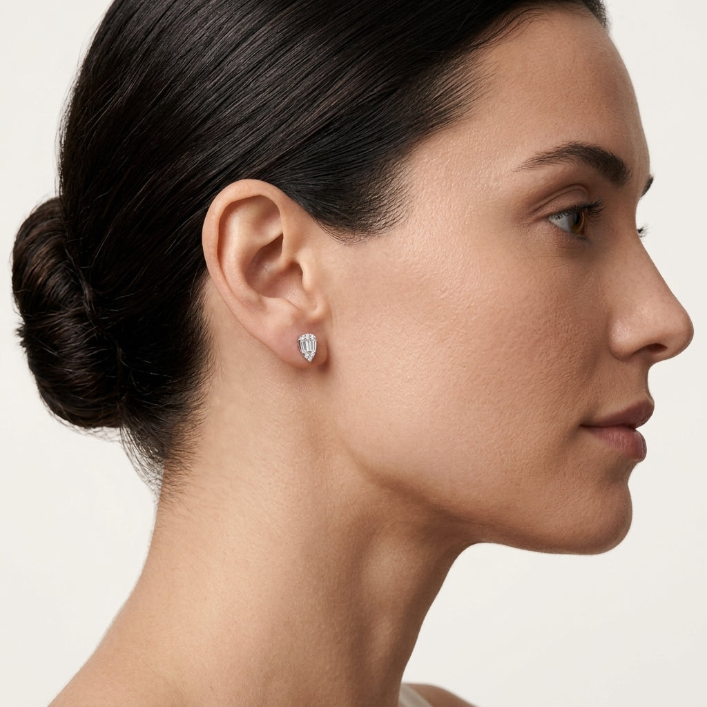 Baguette Diamond Cluster Stud Earrings worn by model - Vicenza Miami