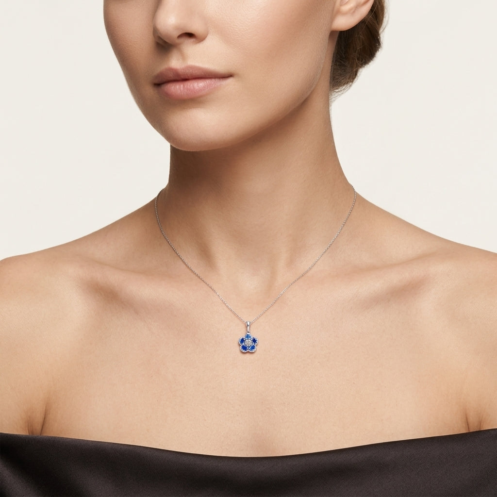 Stately Blue Sapphire & Diamond Pendant worn by model - Vicenza Miami