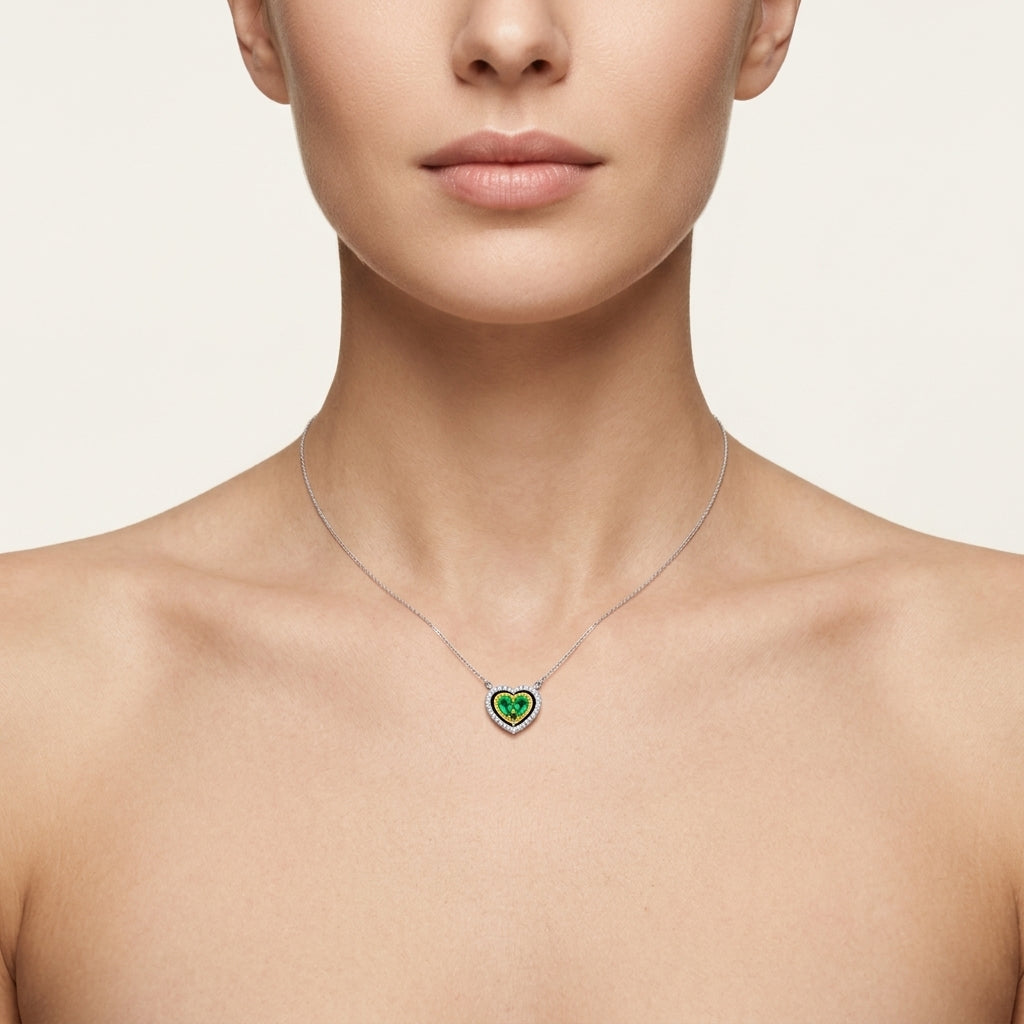 Radiant Diamond & Emerald Necklace worn by model - Vicenza Miami