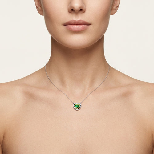 Radiant Diamond & Emerald Necklace worn by model - Vicenza Miami