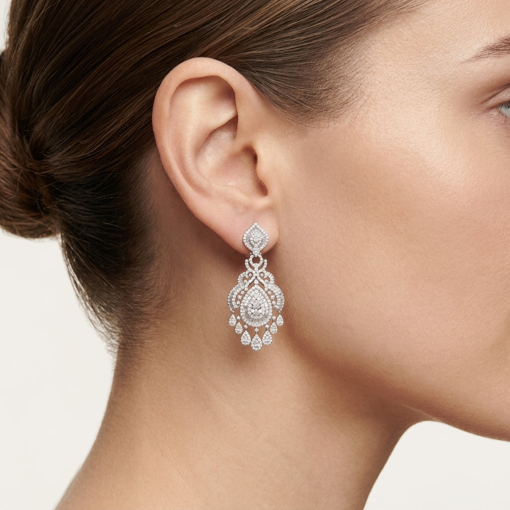 Classic Diamond Chandelier Drop Earrings worn by model - Vicenza Miami