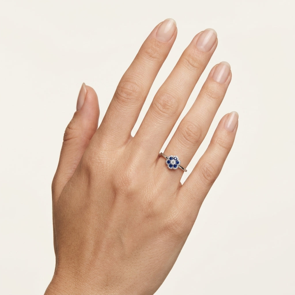 Petite Blue Sapphire & Diamond Ring worn by model - Vicenza Miami
