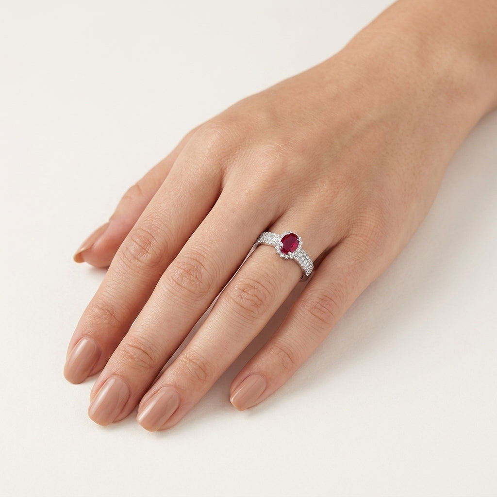 Allure Diamond Ring White Gold Ruby II worn by model - Vicenza Miami