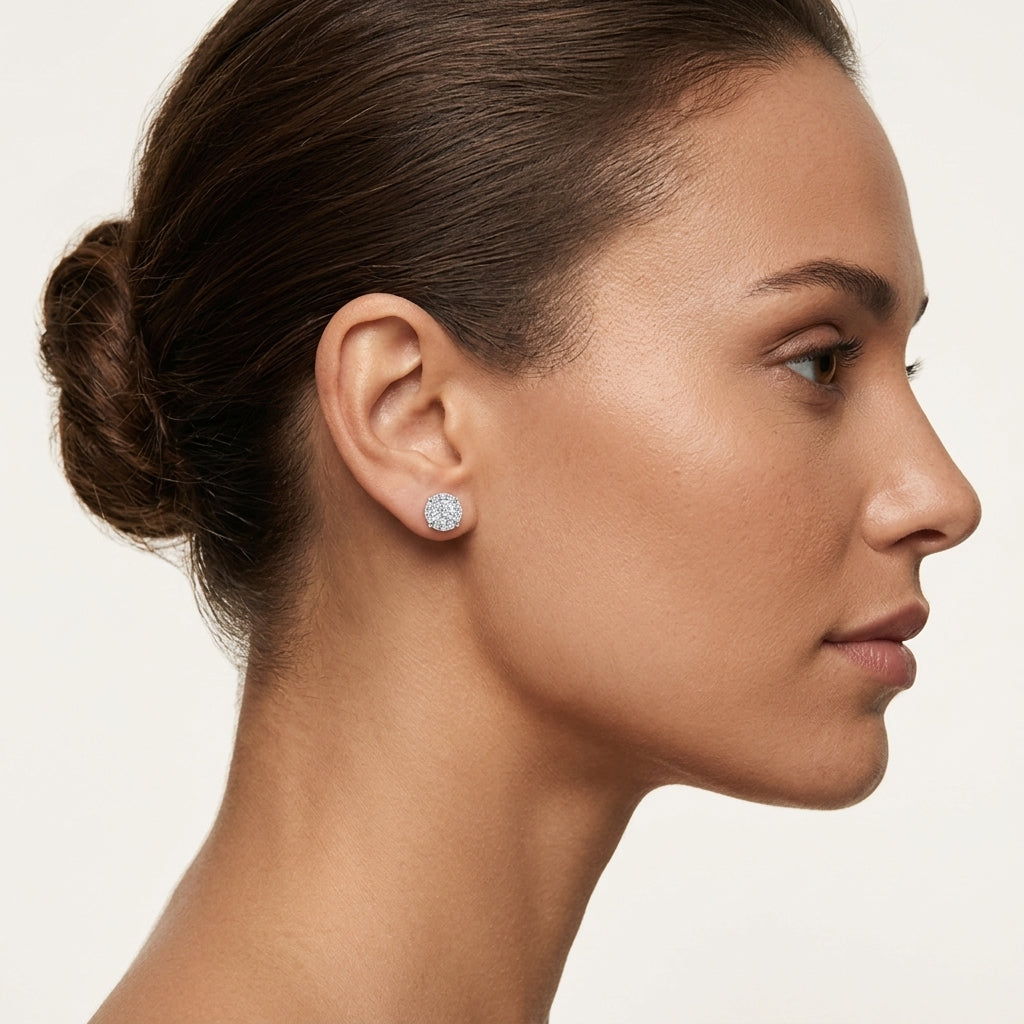Brilliant Diamond Halo Earring worn by model - Vicenza Miami