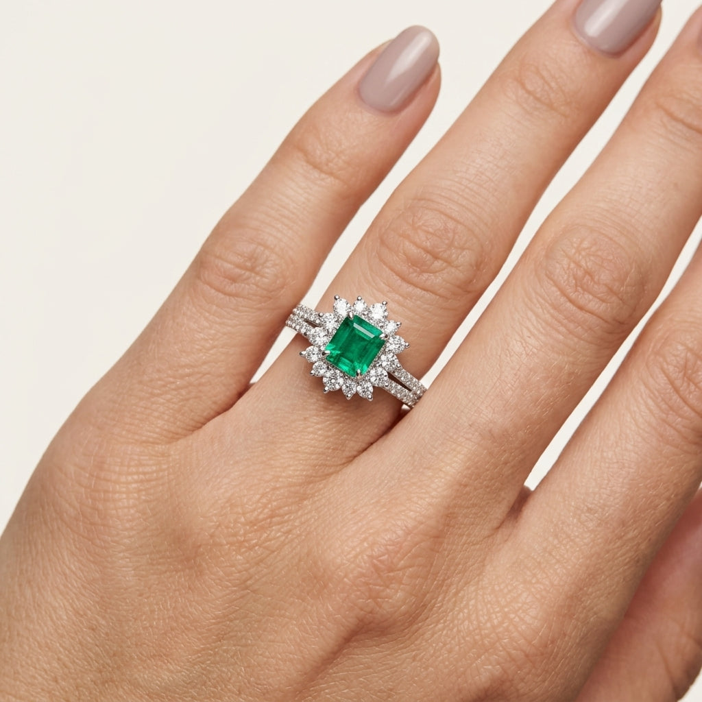 Gilded Diamond & Emerald Ring worn by model - Vicenza Miami