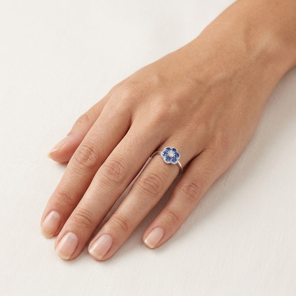 Essence Blue Sapphire & Diamond Ring worn by model - Vicenza Miami