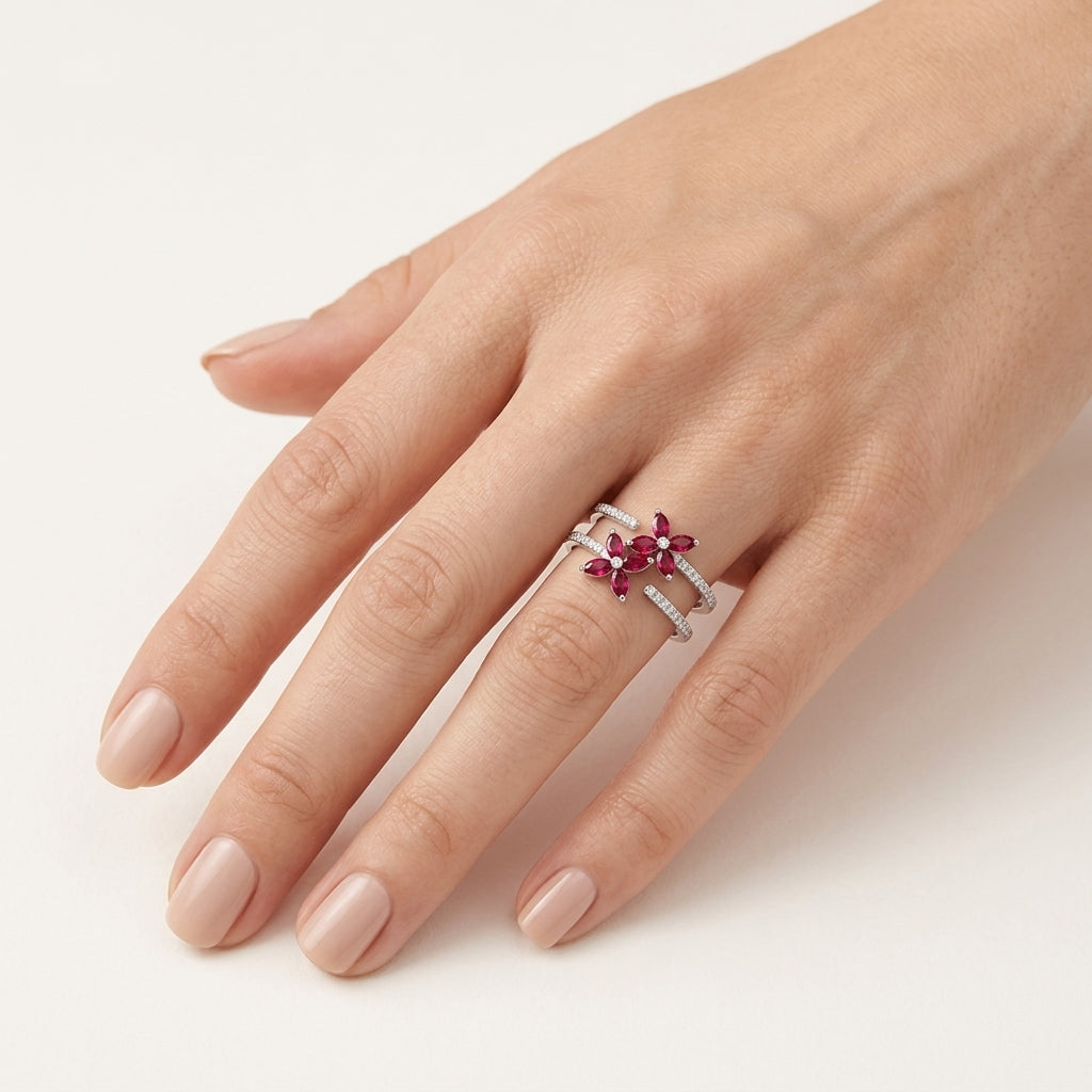 Double Row Ruby & Diamond Ring worn by model - Vicenza Miami