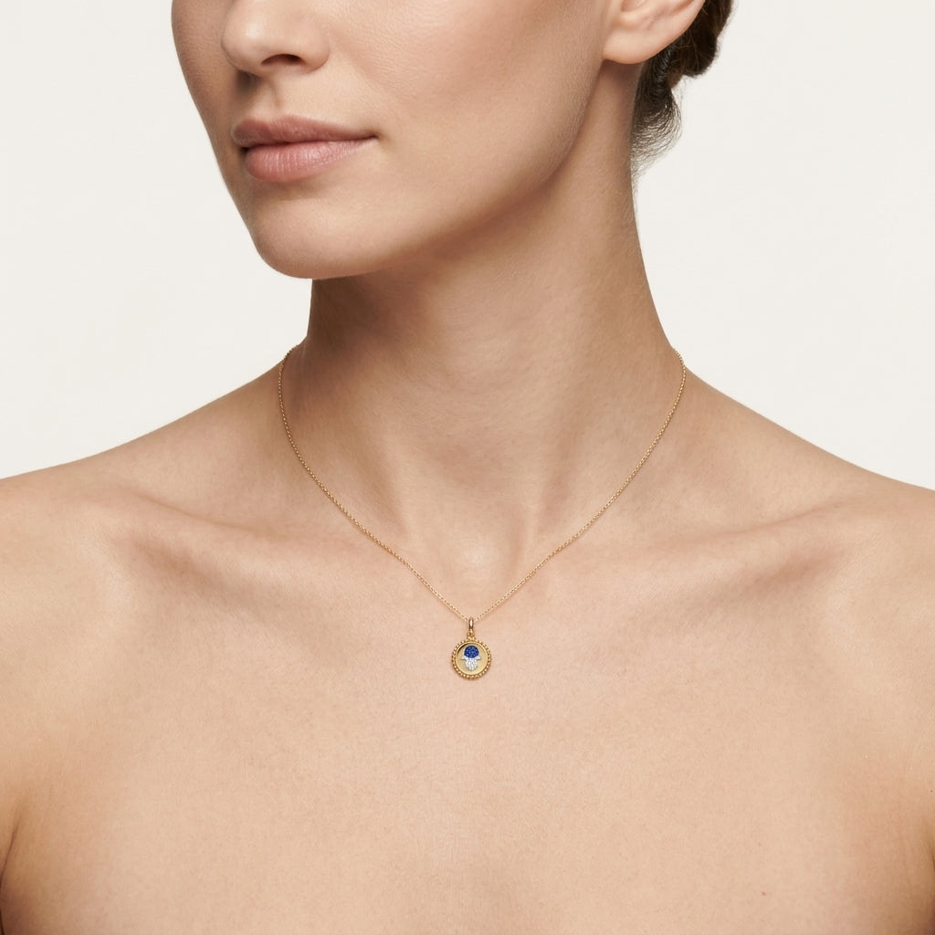 Hamsa Blue Sapphire Diamond Beaded Pendant worn by model - Vicenza Miami