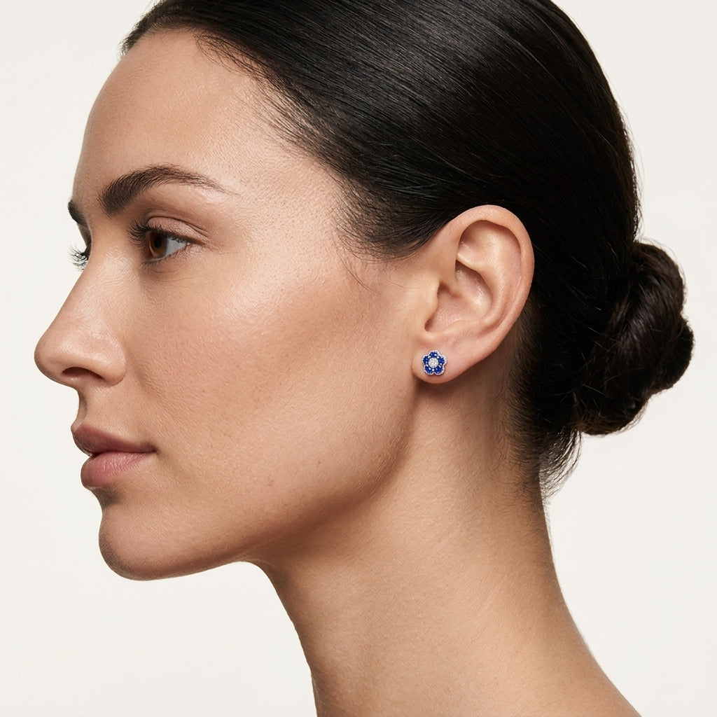 Embellished Blue Sapphire & Diamond Earring worn by model - Vicenza Miami