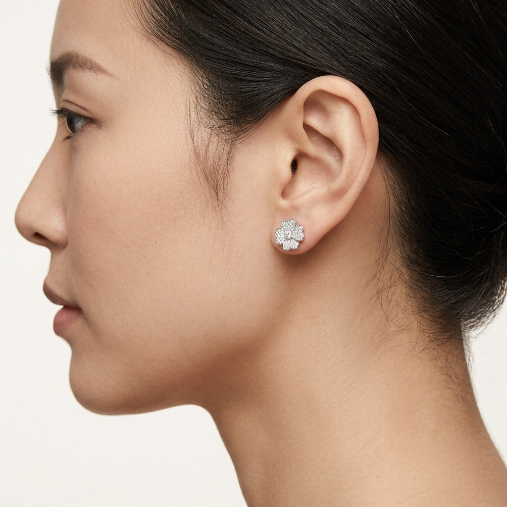 Diamond Pave Flower Stud Earrings worn by model - Vicenza Miami