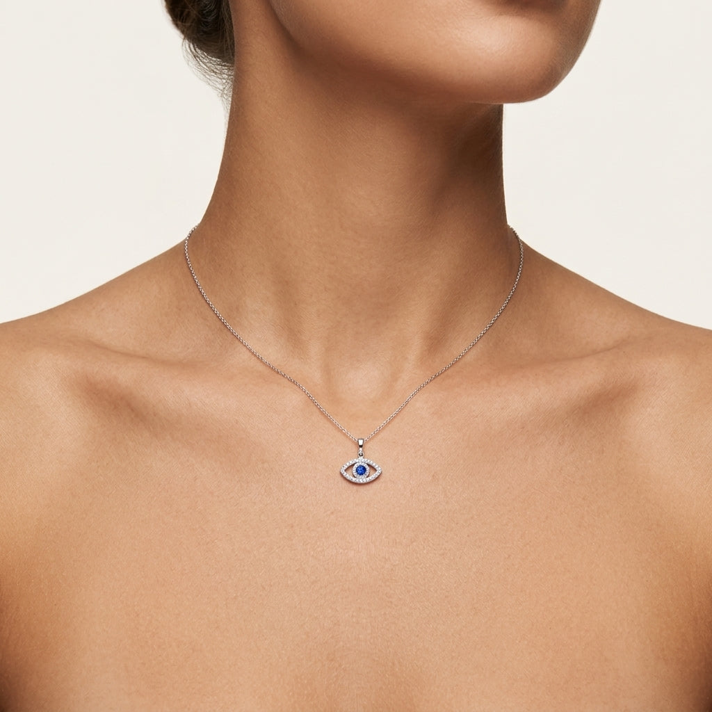 Pristine Eye Sapphire & Diamond Pendant worn by model - Vicenza Miami