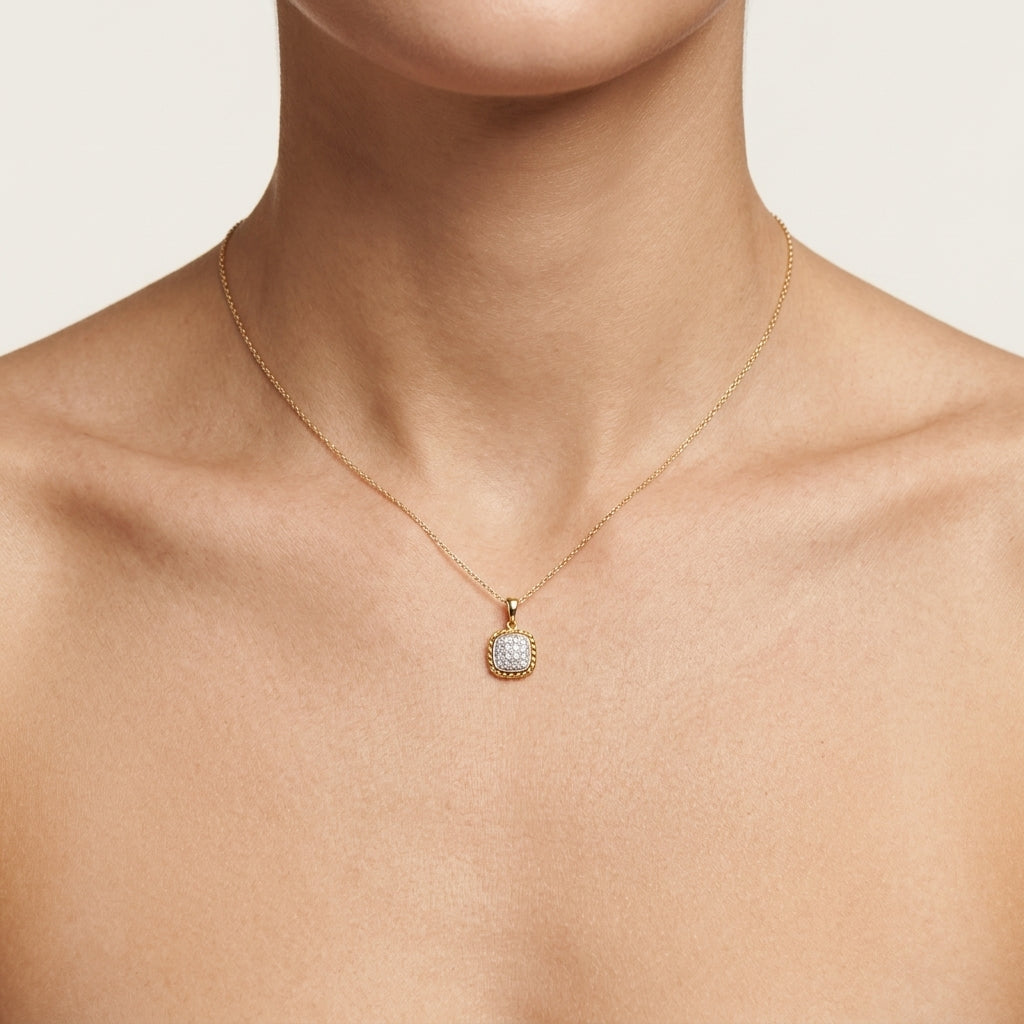 Gilded Diamond Pendant Yellow Gold Diamond worn by model - Vicenza Miami