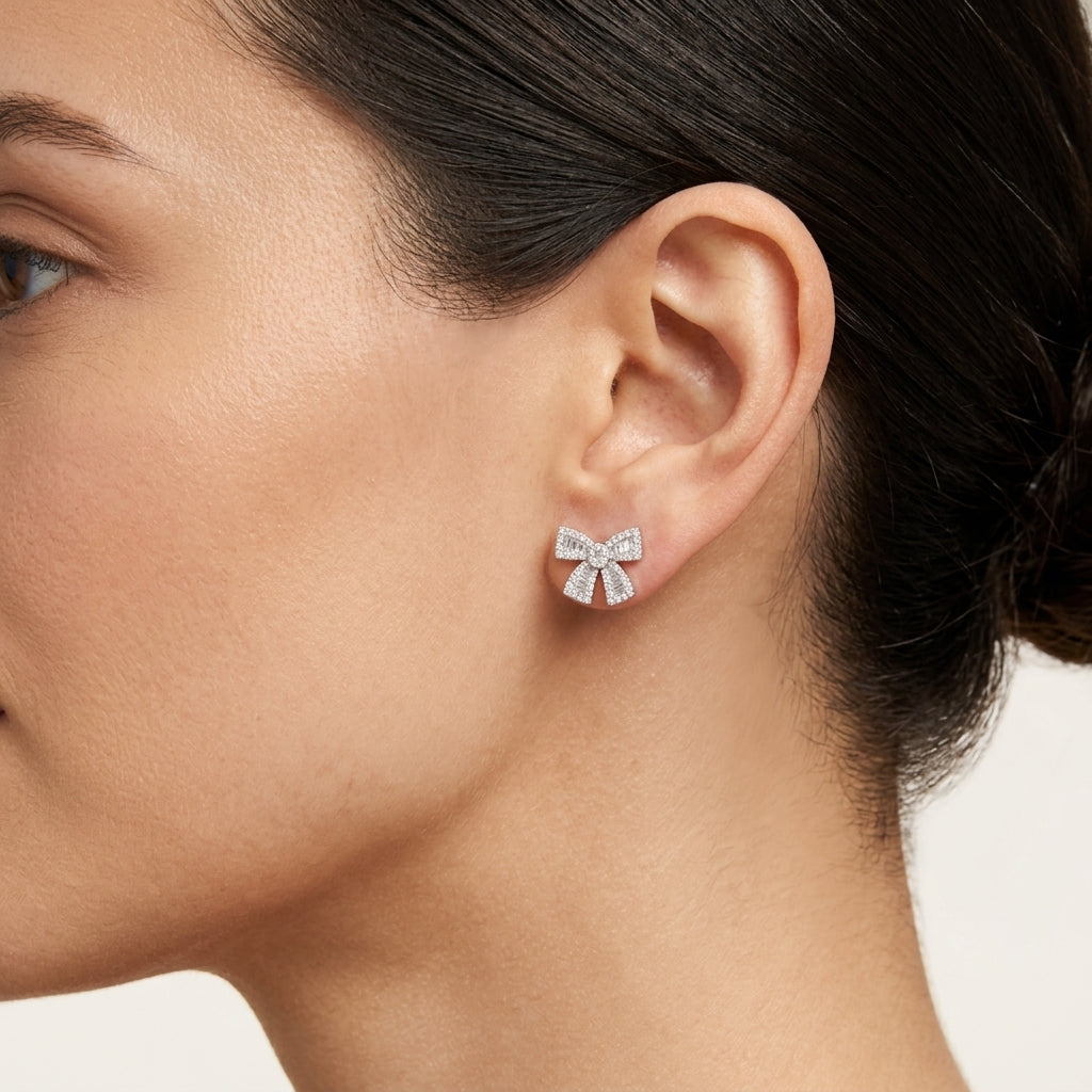 Diamond Bow Stud Earrings worn by model - Vicenza Miami