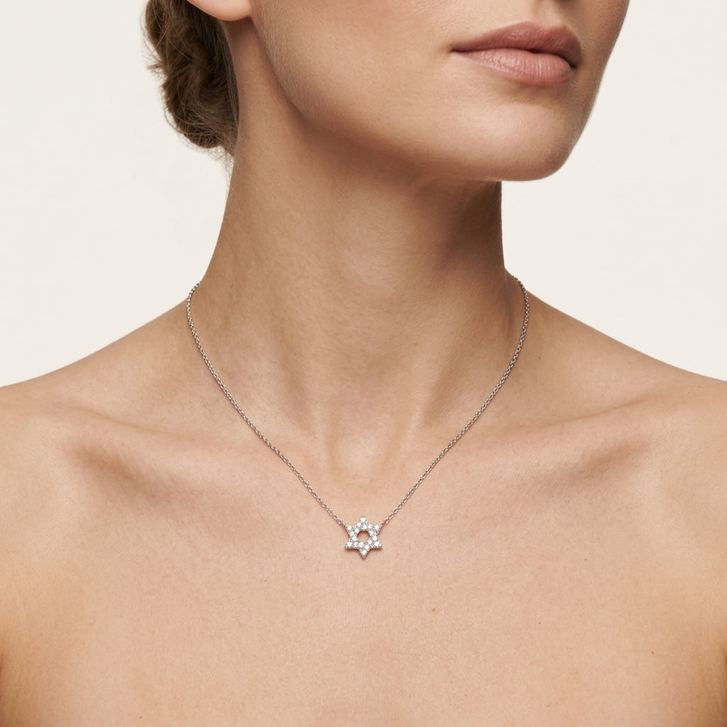 Petite Star of David Pave Diamond Necklace worn by model - Vicenza Miami