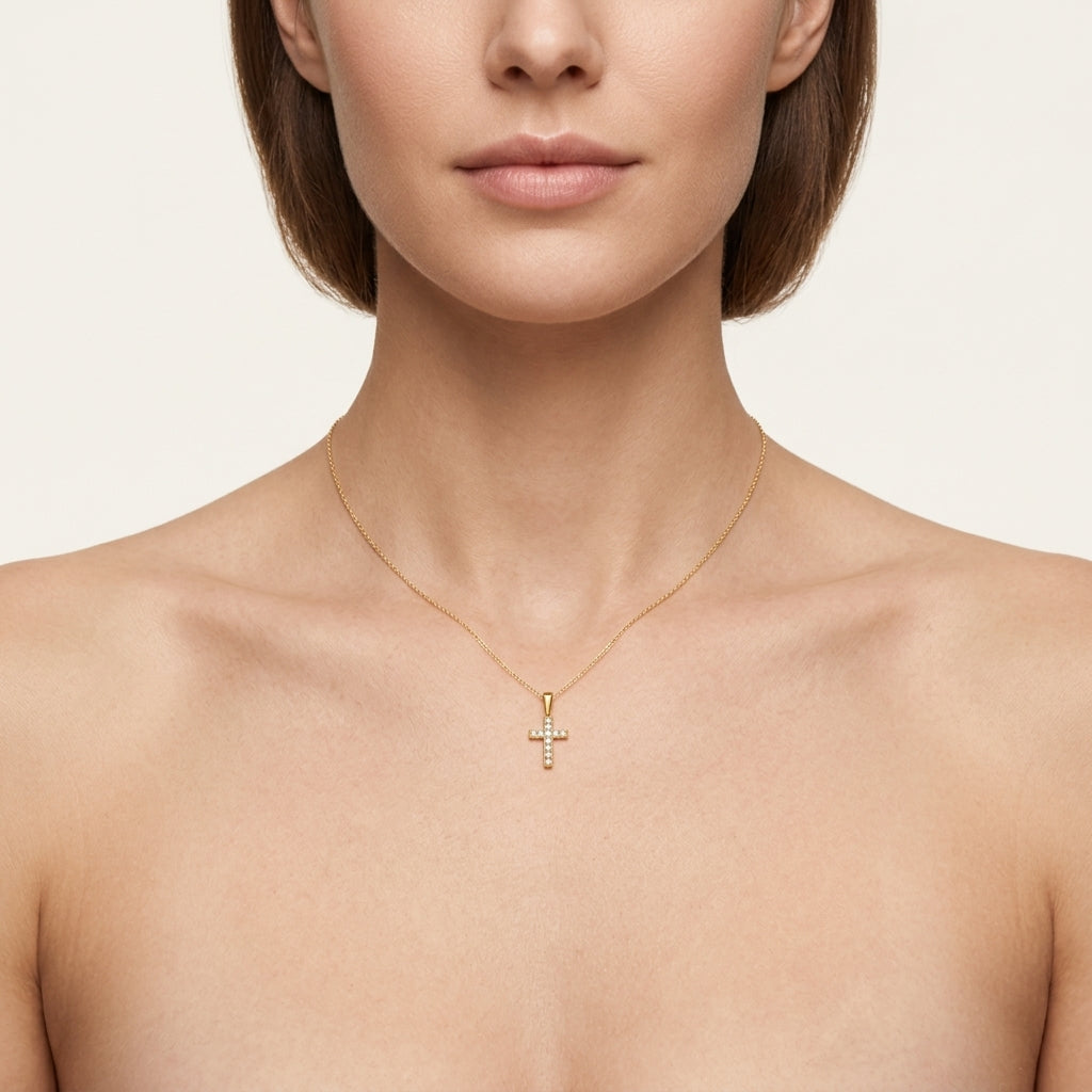Luxe Cross Diamond Pendant worn by model - Vicenza Miami