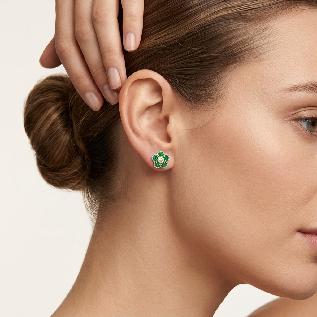 Gleaming Diamond & Emerald Earring worn by model - Vicenza Miami