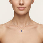 Petite Cross Diamond & Sapphire Pendant worn by model - Vicenza Miami