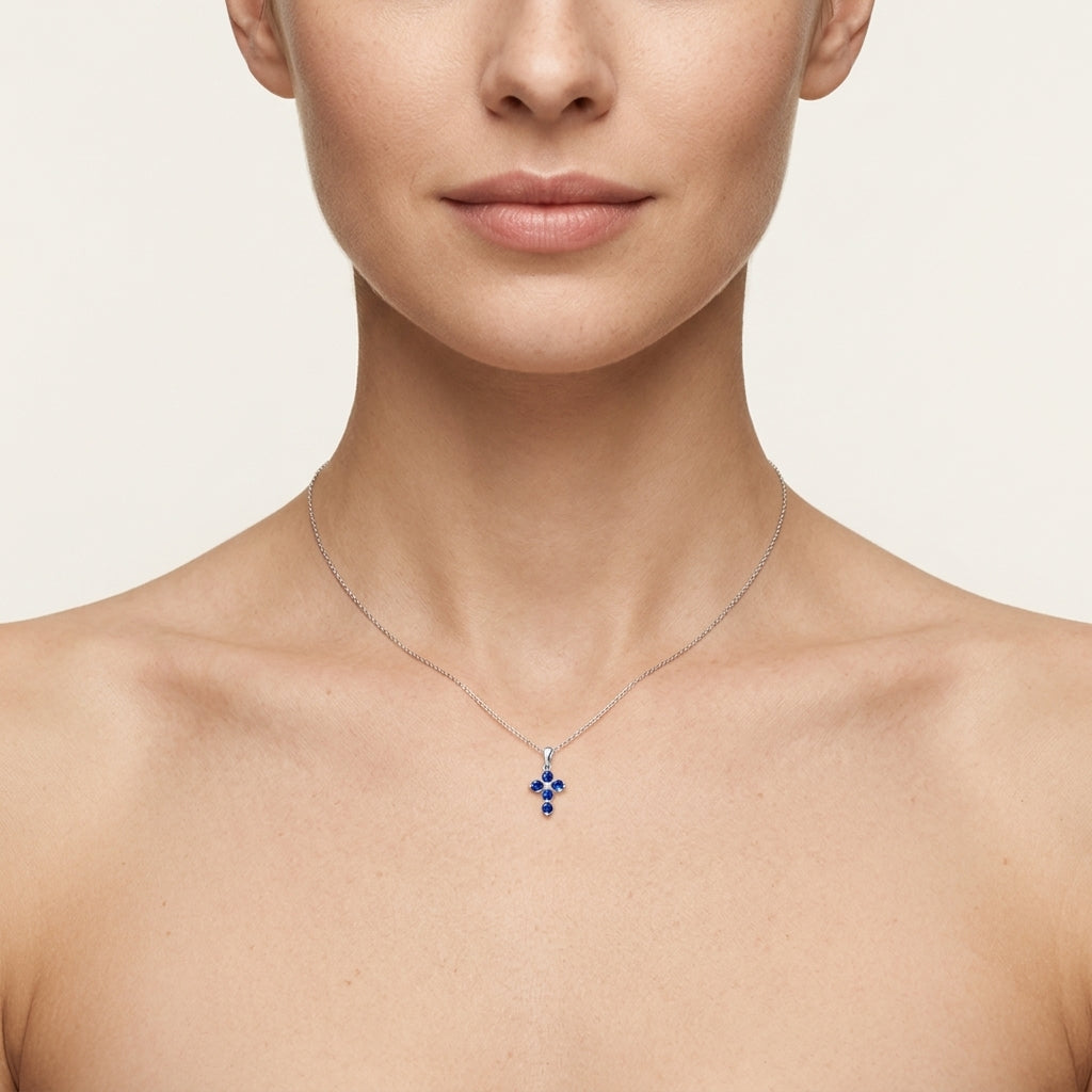 Petite Cross Diamond & Sapphire Pendant worn by model - Vicenza Miami