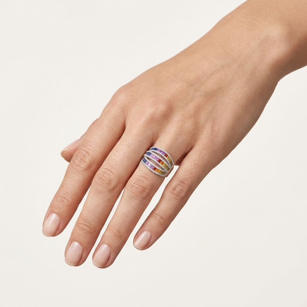 Rainbow Sapphire Wide Ring worn by model - Vicenza Miami