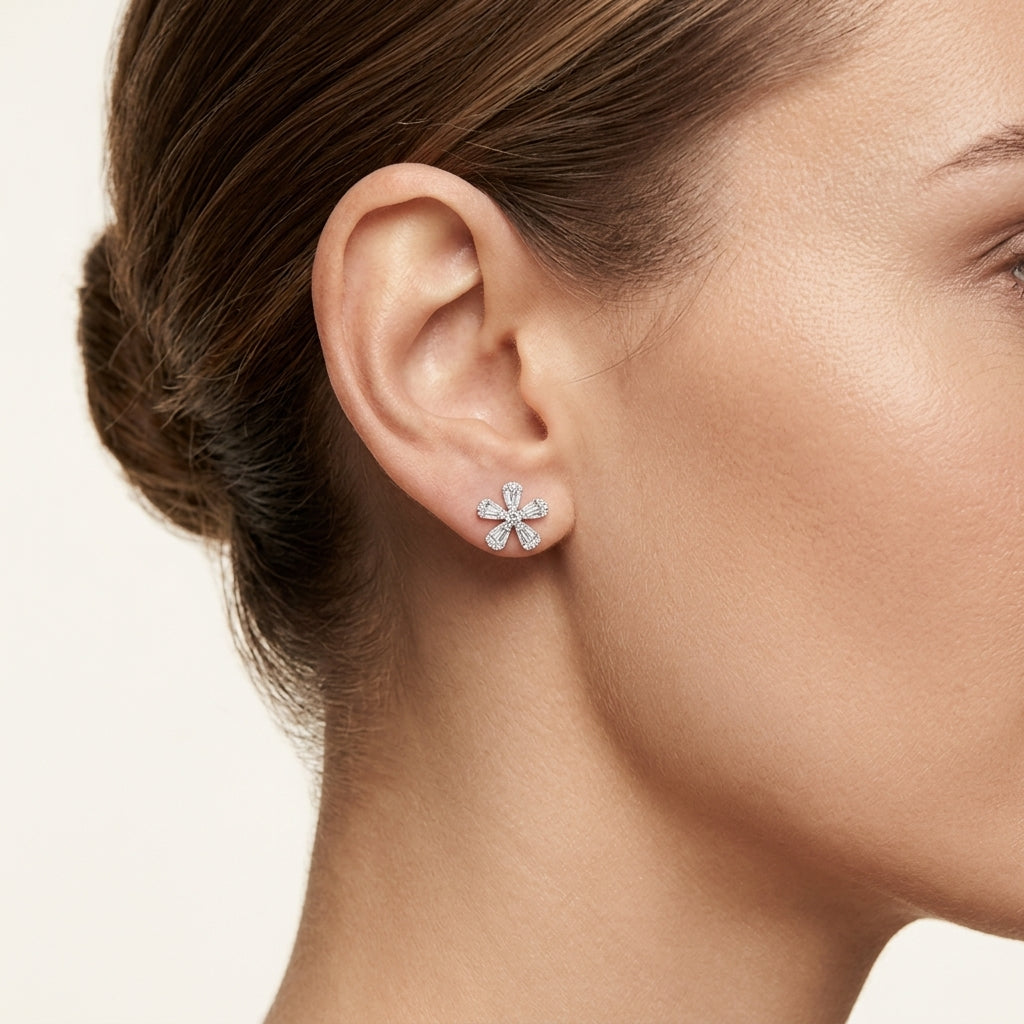 Dainty Earring White Gold Diamond worn by model - Vicenza Miami