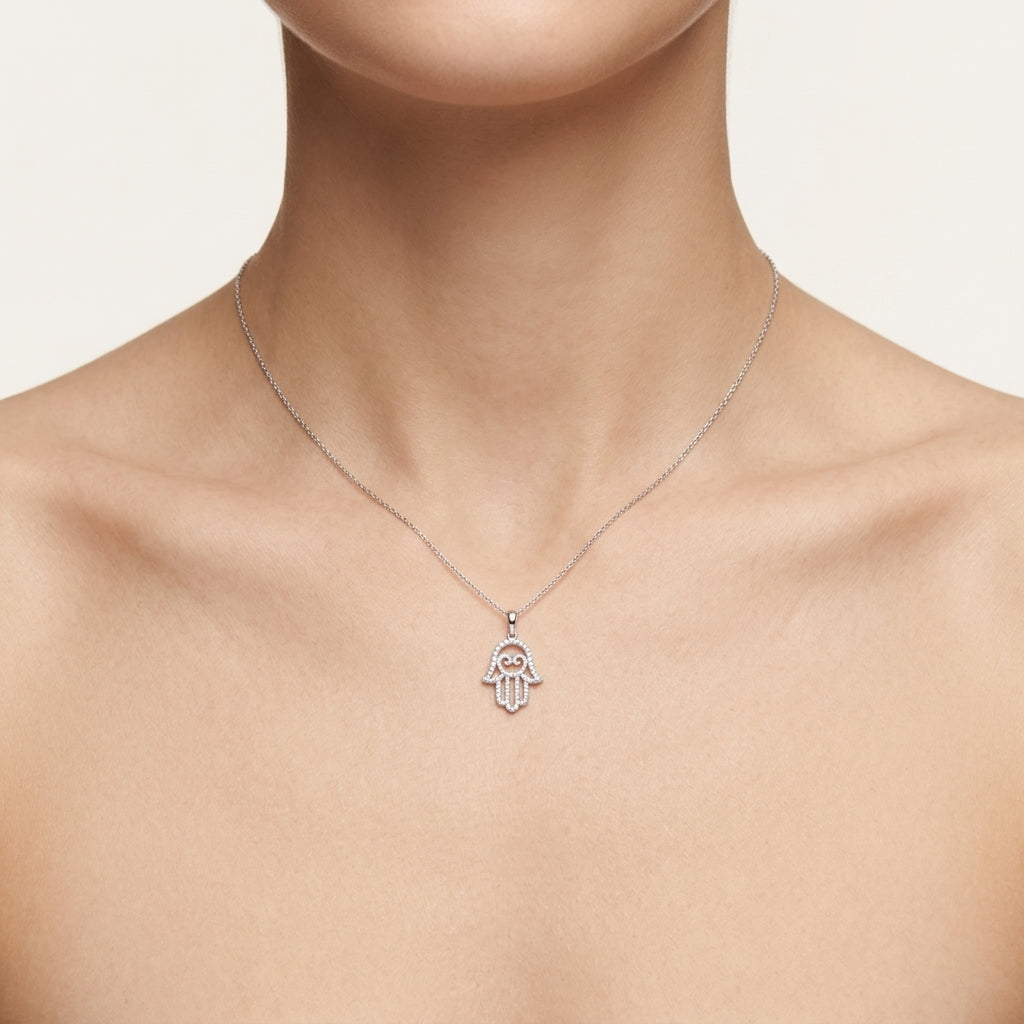 Lavish Hand Diamond Pendant worn by model - Vicenza Miami
