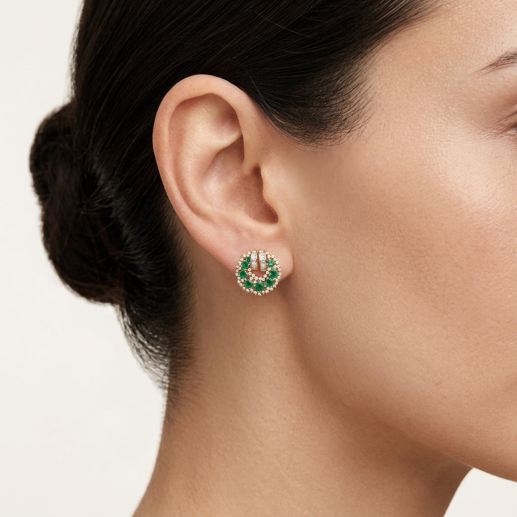 Emerald Diamond Circular Cluster Stud Earrings worn by model - Vicenza Miami