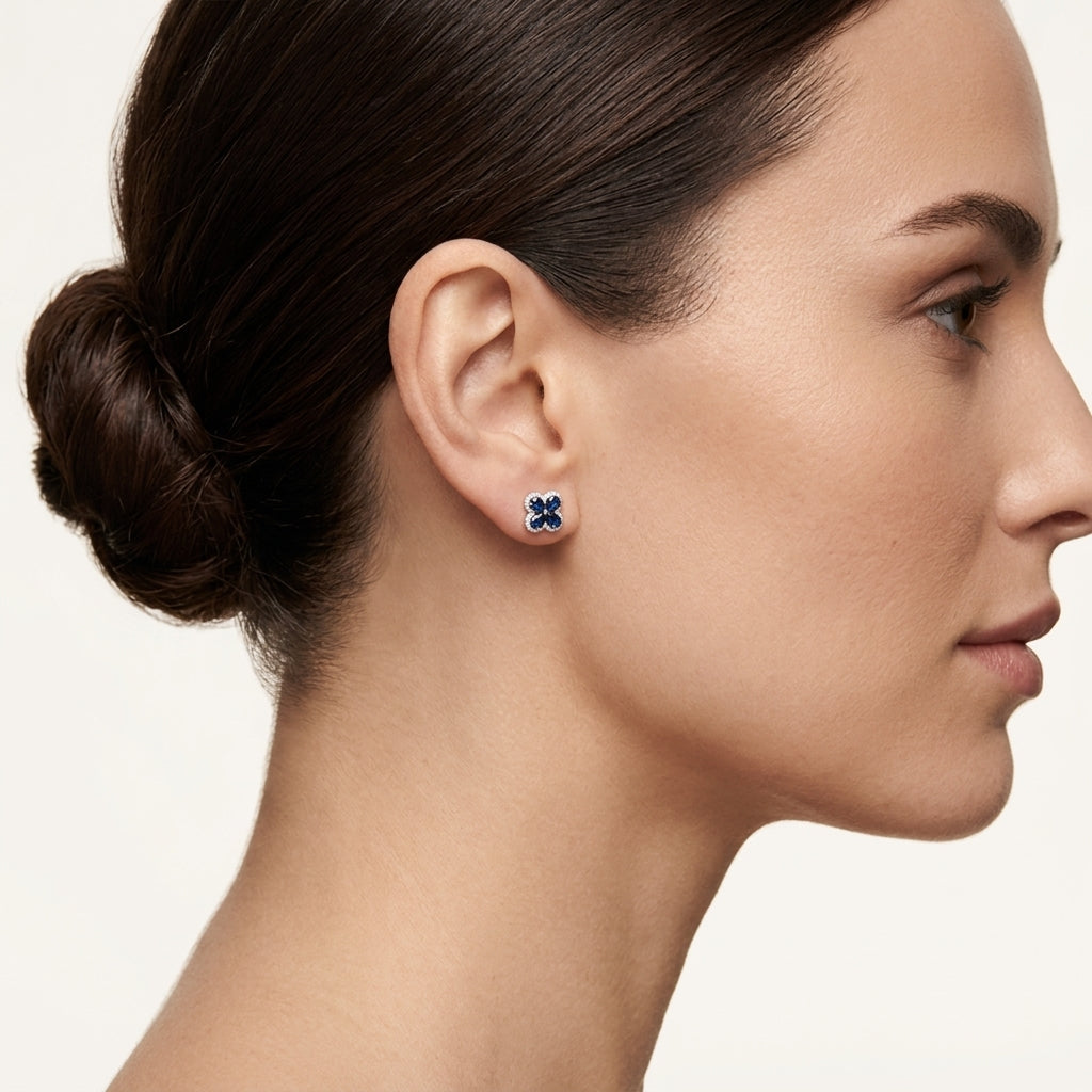 Imperial Blue Sapphire & Diamond Earring worn by model - Vicenza Miami