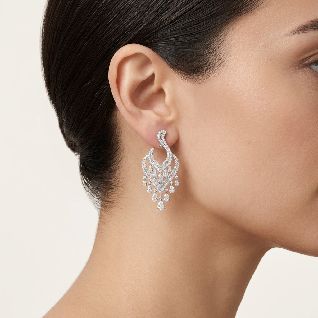 Petite Diamond Chandelier Drop Earrings worn by model - Vicenza Miami