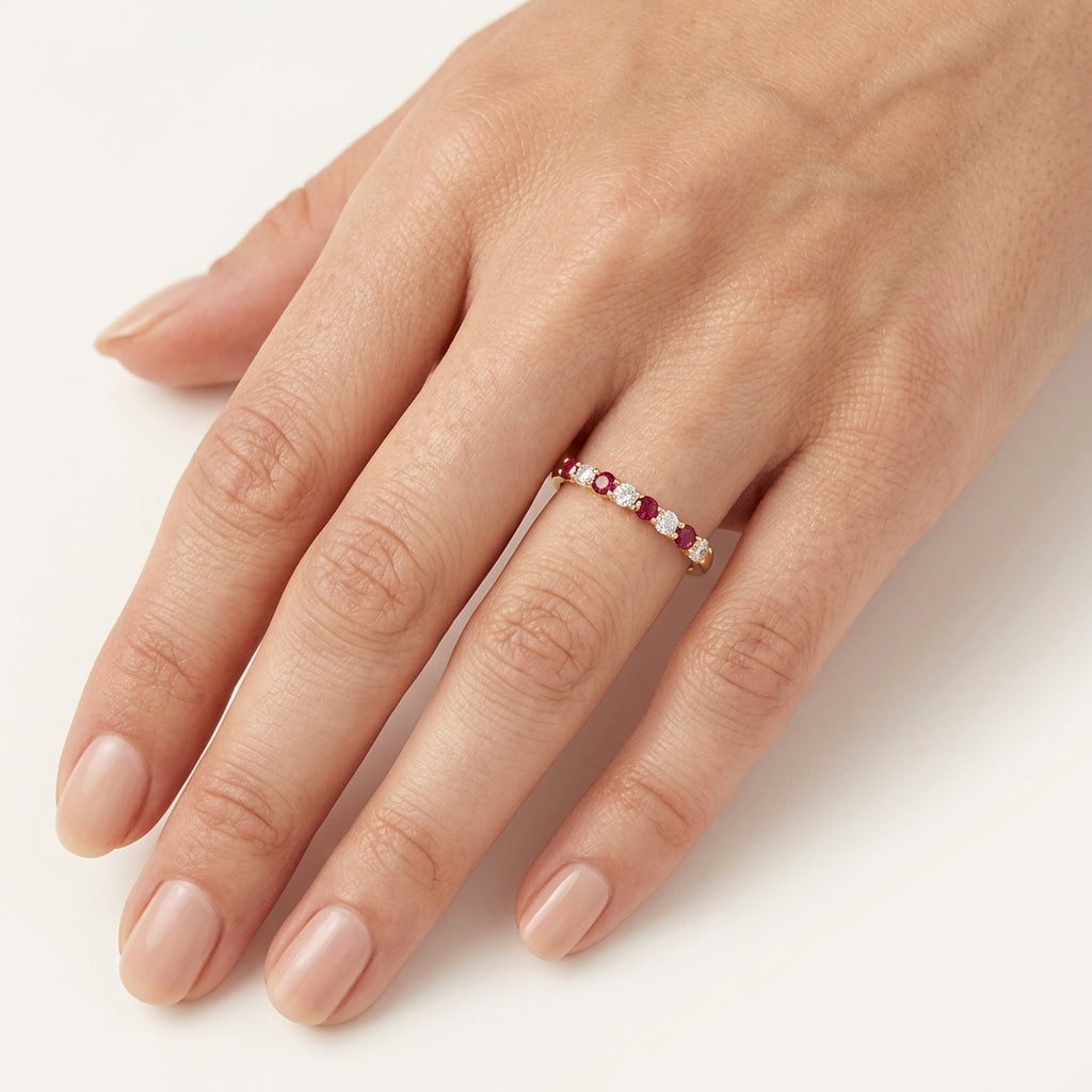 Aura Diamond Ring Yellow Gold Ruby worn by model - Vicenza Miami