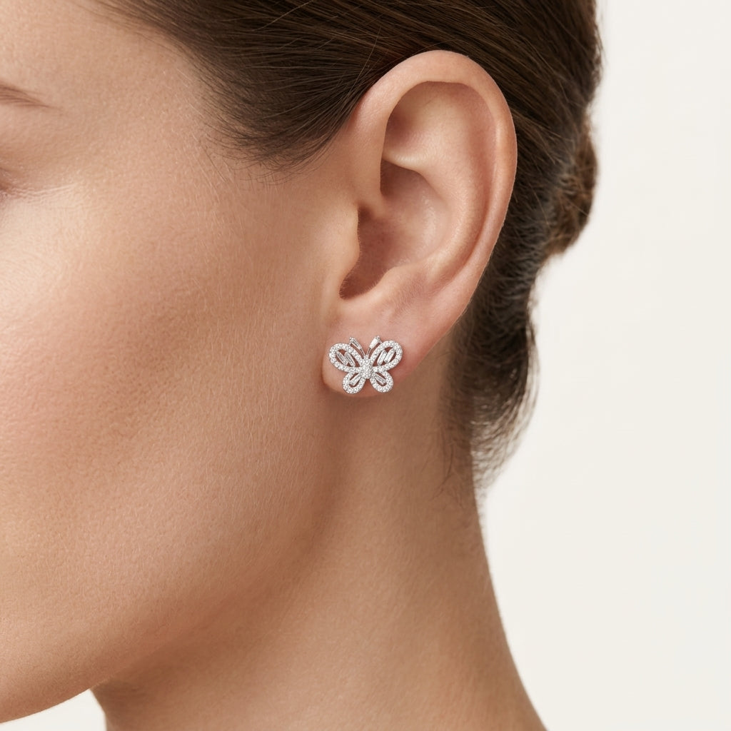 Baguette Diamond Butterfly Stud Earrings worn by model - Vicenza Miami