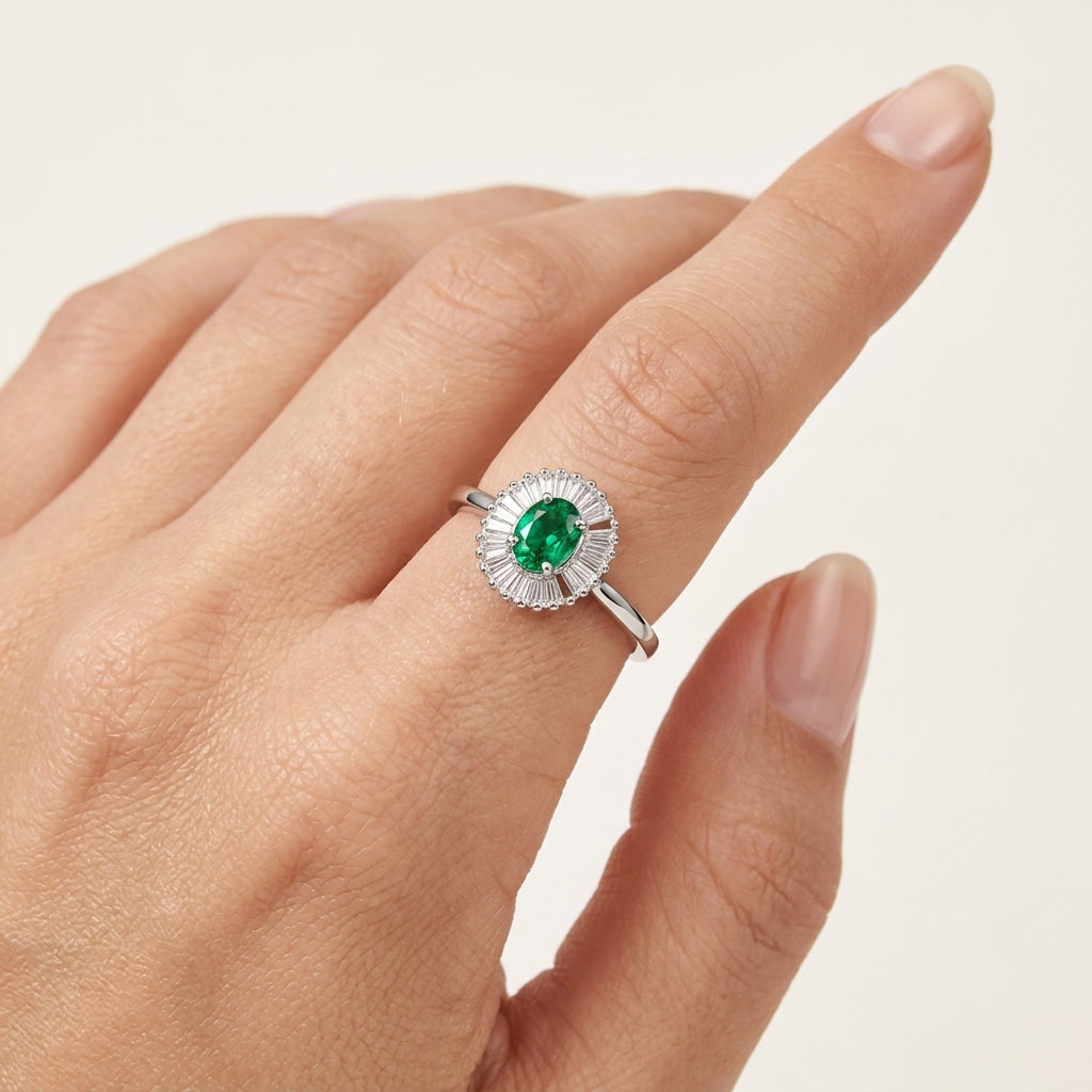 Lustrous Diamond & Emerald Ring worn by model - Vicenza Miami