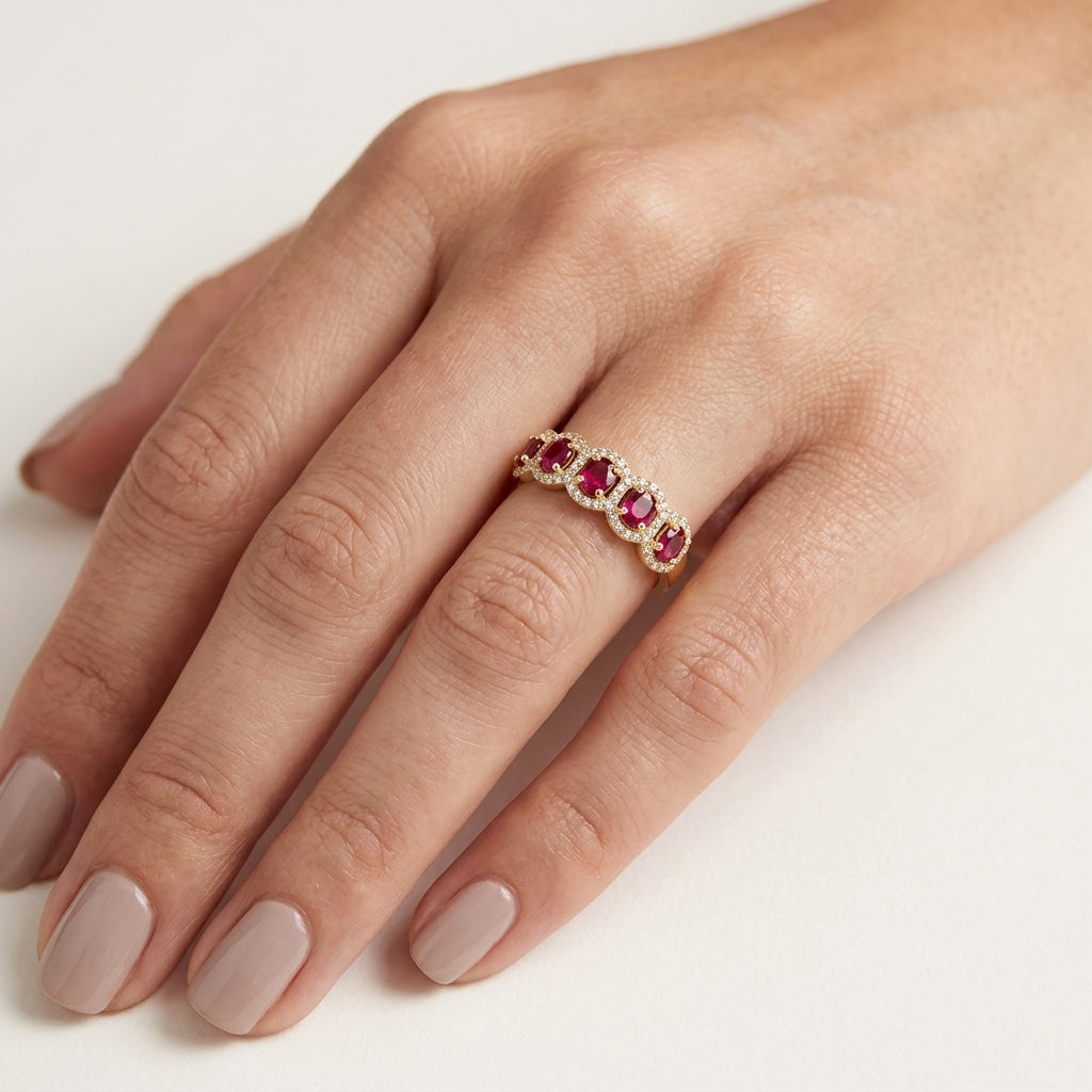 Lustrous Diamond Ring Yellow Gold Ruby worn by model - Vicenza Miami