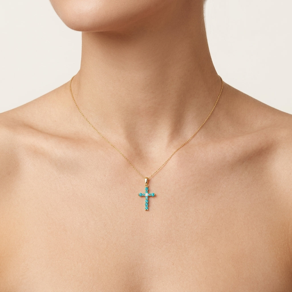 Dainty Cross Diamond Pendant worn by model - Vicenza Miami