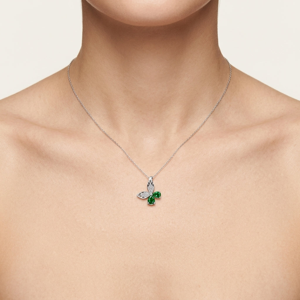 Butterfly Emerald & Diamond Pendant worn by model - Vicenza Miami